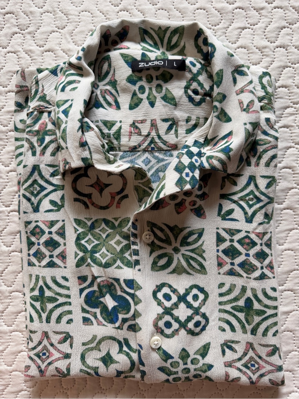 Zudio Large 100% Viscose Green Patterned Men's Button-Up Shirt